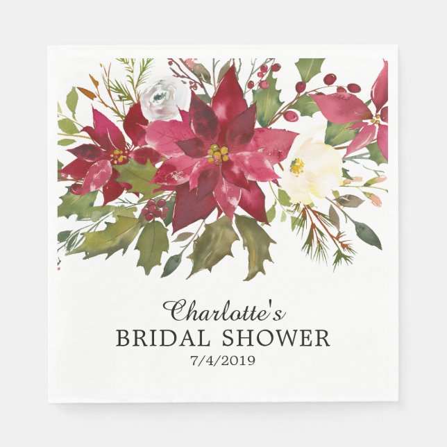 Watercolor Red Poinsettia Holly Bridal Shower Napkins (Front)