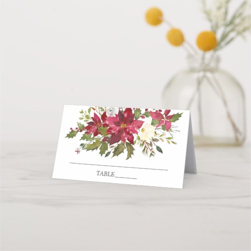 Watercolor Red Poinsettia Holly Bridal Shower Place Card