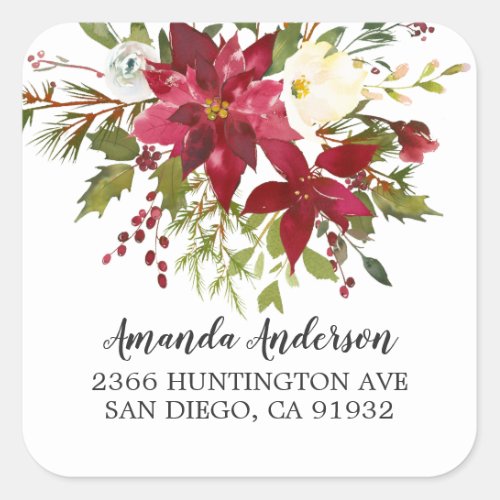 Watercolor Red Poinsettia Holly Return Address Square Sticker