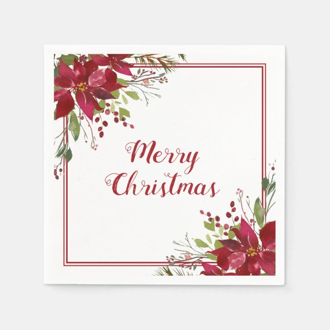 Watercolor Red Poinsettia Merry Christmas Holiday Napkins (Front)