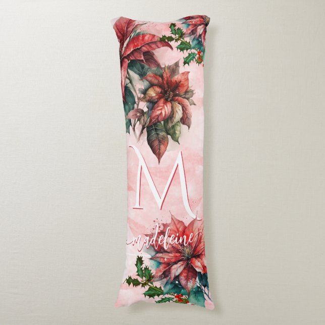 Watercolor Red Poinsettia Mistletoe Name Christmas Body Pillow (Front Vertical)
