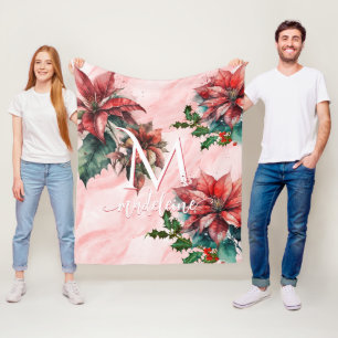 Watercolor Red Poinsettia Mistletoe Name Christmas Fleece Blanket