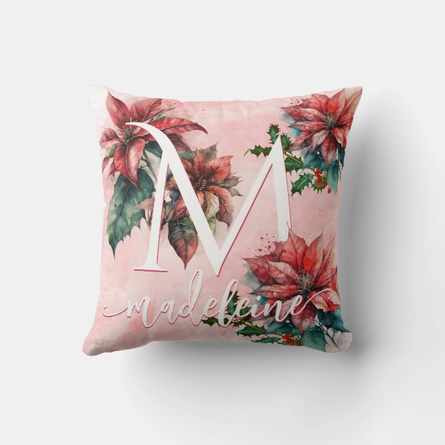 Watercolor Red Poinsettia Mistletoe Name Christmas Throw Pillow (Back)