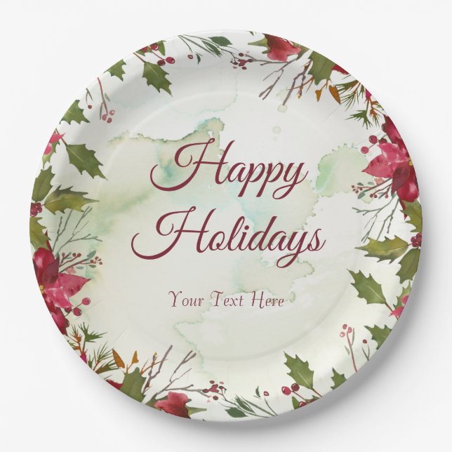 Watercolor Red Poinsettia Paper Plates (Front)