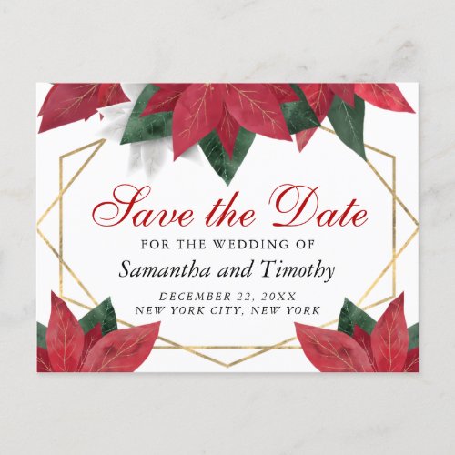 Watercolor Red Poinsettia Wedding Save the Date Postcard