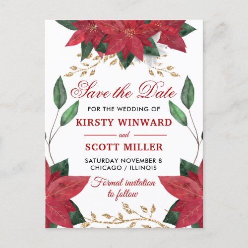 Watercolor Red Poinsettia Wedding Save the Date Postcard