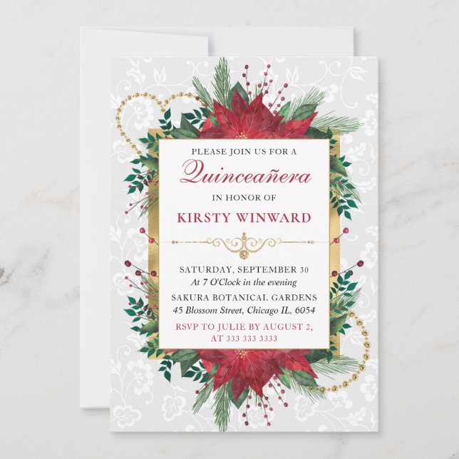 Watercolor Red Poinsettia Winter Quinceanera Invitation (Front)