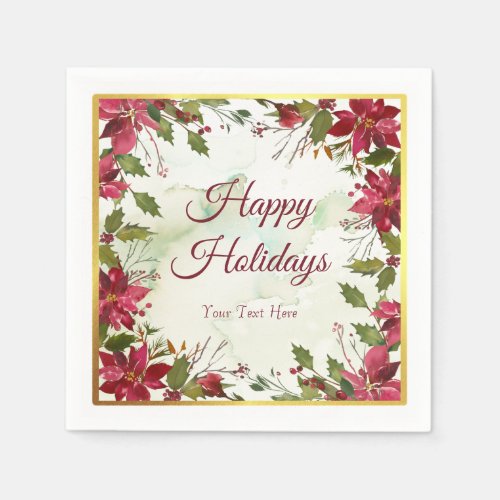 Watercolor Red Poinsettia with Faux Gold Trim Paper Napkins