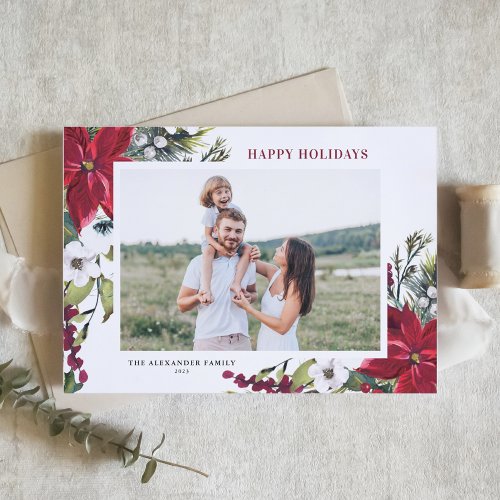 Watercolor Red Poinsettias and Fir Leaves Photo Holiday Card