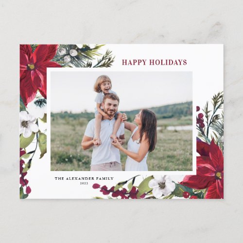Watercolor Red Poinsettias and Fir Leaves Photo Holiday Postcard