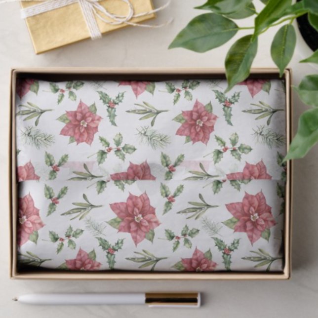 Watercolor Red Poinsettias Holly Fir Christmas Tissue Paper (Creator Uploaded)
