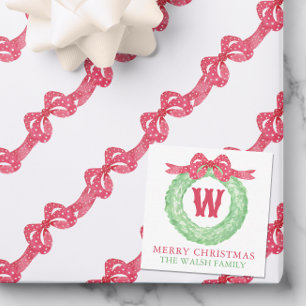 Watercolor Red Polka Dot Bow Monogram Wreath Note Card