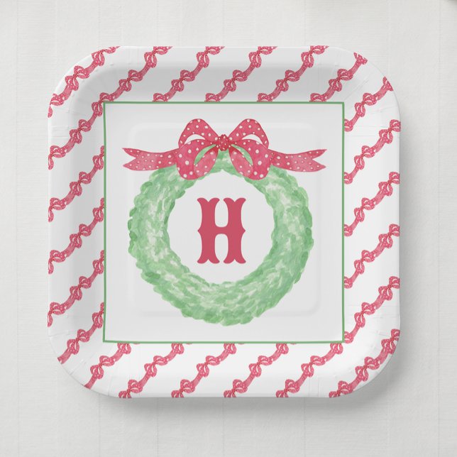 Watercolor Red Polka Dot Bow Monogram Wreath Paper Plates (Creator Uploaded)