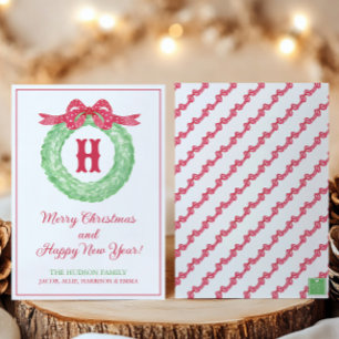 Watercolor Red Polka Dot Bow Monogram Wreath Party Holiday Card