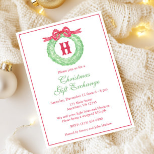 Watercolor Red Polka Dot Bow Monogram Wreath Party Invitation