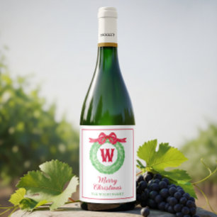 Watercolor Red Polka Dot Bow Monogram Wreath Wine Label