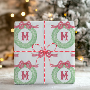 Watercolor Red Polka Dot Bow Monogram Wreath Wrapping Paper