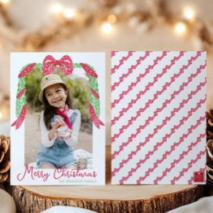 Watercolor Red Polka Dot Bow Swag Christmas Photo Holiday Card