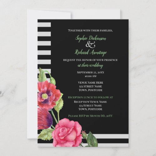 Watercolor Red Poppies and Pink Rose Illustration Invitation