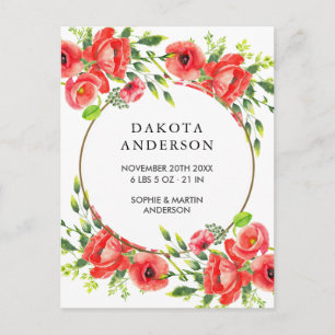 Watercolor Red Poppies Birth Announcement