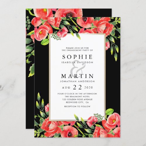 Watercolor Red Poppies  Black Engagement Party Invitation