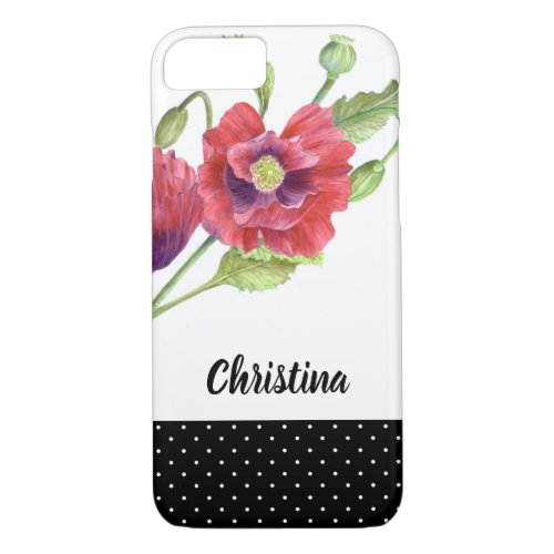 Watercolor Red Poppies Black White Polka Dots iPhone 87 Case