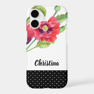 Watercolor Red Poppies Black White Polka Dots iPhone 17 Case