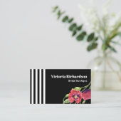 Watercolor Red Poppies Black White Stripes Business Card (Standing Front)
