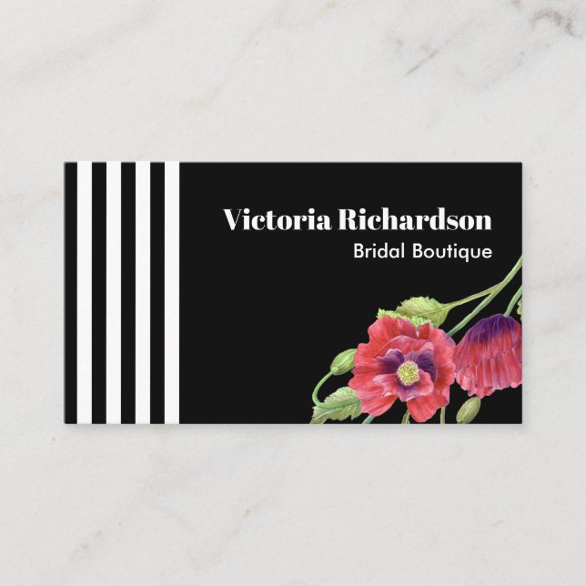 Watercolor Red Poppies Black White Stripes Business Card (Front)