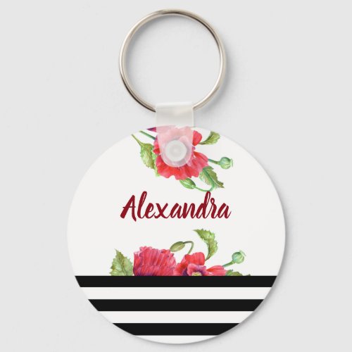 Watercolor Red Poppies Botanical Floral Art Keychain