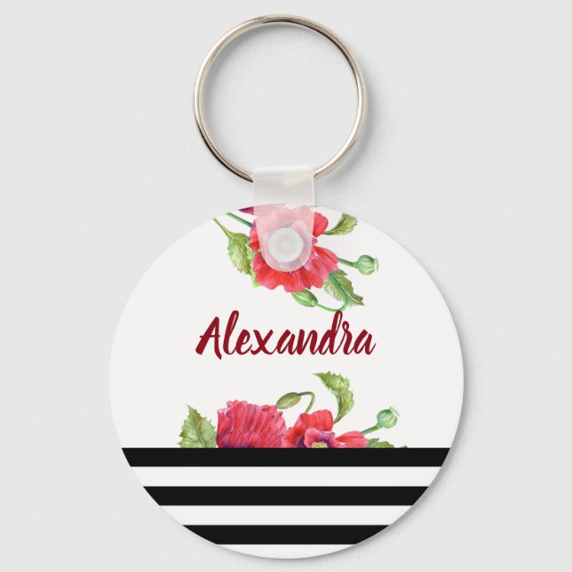 Watercolor Red Poppies Botanical Floral Art Keychain (Front)