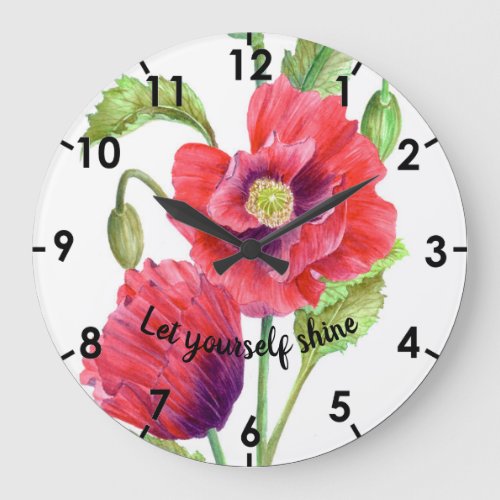 Watercolor Red Poppies Botanical Illustration Large Clock