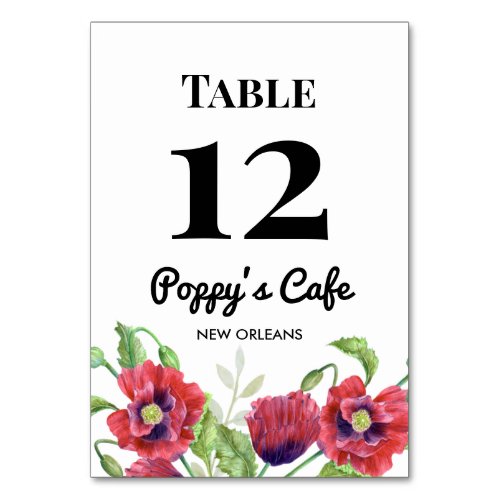 Watercolor Red Poppies Floral Art Cafe Table Number
