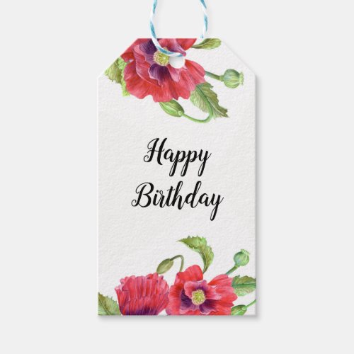 Watercolor Red Poppies Floral Art Happy Birthday Gift Tags