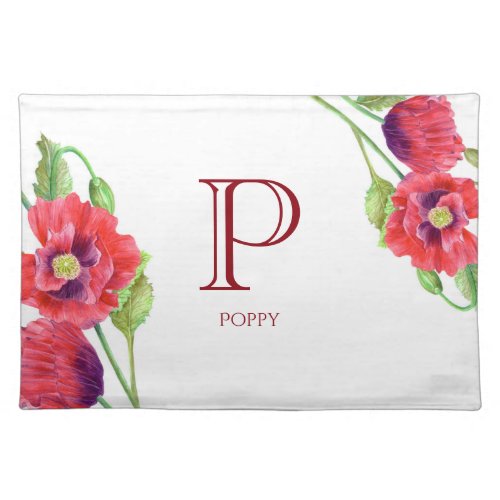 Watercolor Red Poppies Floral Art Monogram Placemat