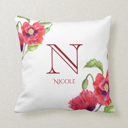 Watercolor Red Poppies Floral Art Monogram Throw Pillow
