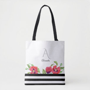 Watercolor Red Poppies Floral Art Monogram Tote Bag