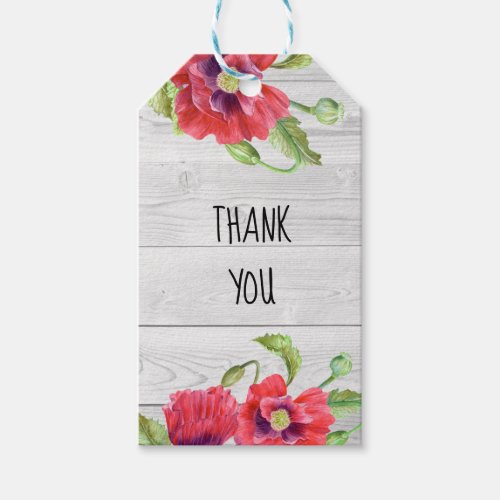 Watercolor Red Poppies Floral Art Thank You Gift Tags