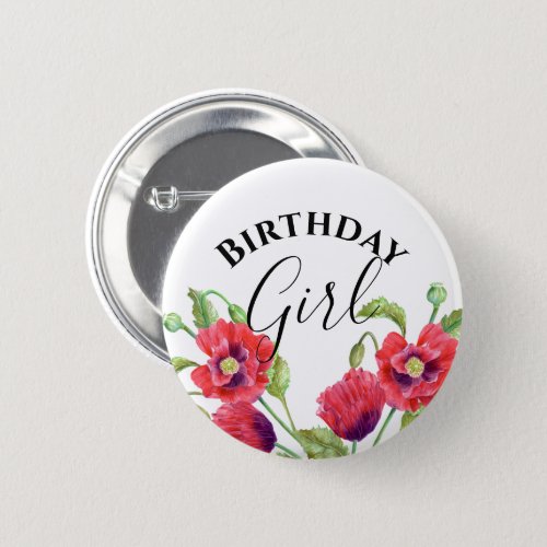 Watercolor Red Poppies Floral Birthday Girl Button