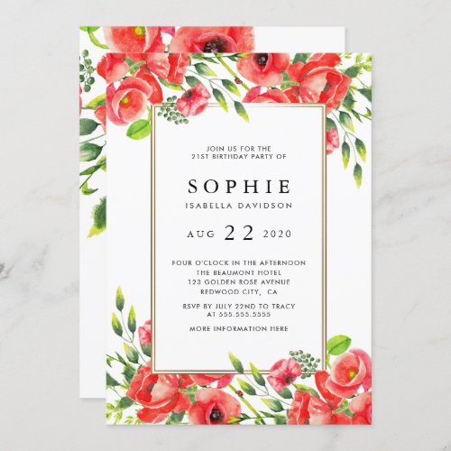 Watercolor Red Poppies Floral Birthday Party Invitation