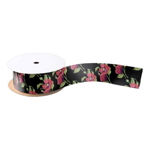 Watercolor Red Poppies Floral Black Background Satin Ribbon