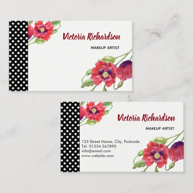 Watercolor Red Poppies Floral Design Business Card (Front/Back)