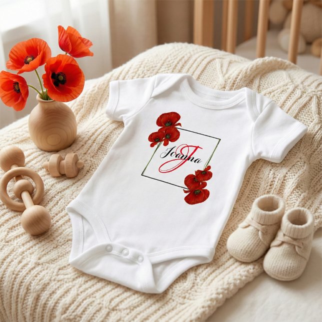 Watercolor Red Poppies Floral Frame Monogram Baby Bodysuit (Creator Uploaded)