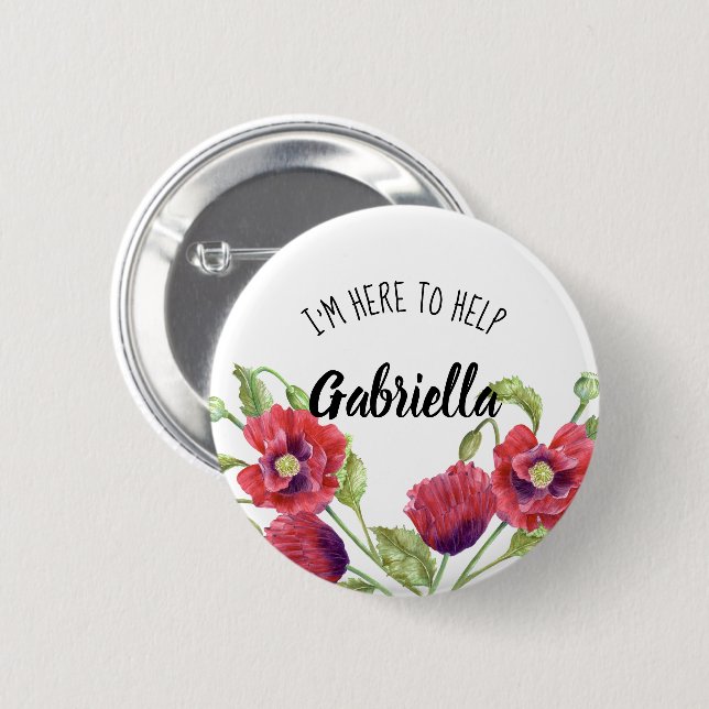 Watercolor Red Poppies Floral Here To Help Button (Front & Back)