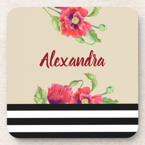 Watercolor Red Poppies Floral Illustration Beverage Coaster