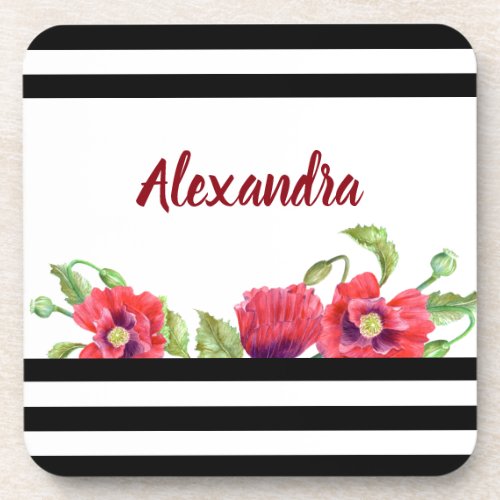 Watercolor Red Poppies Floral Illustration Beverage Coaster