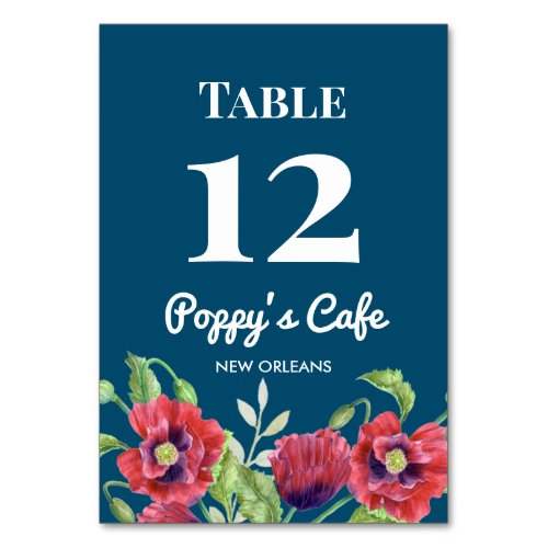 Watercolor Red Poppies Floral Illustration Cafe Table Number