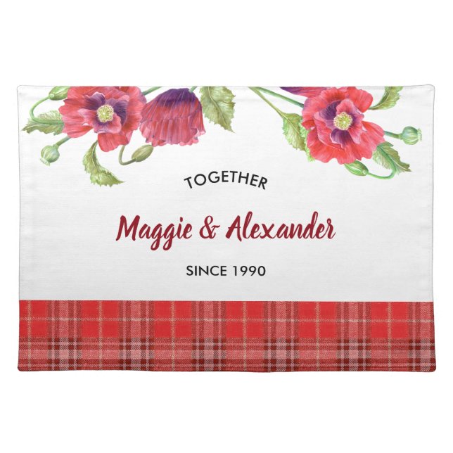 Watercolor Red Poppies Floral Illustration Cloth Placemat (Front)