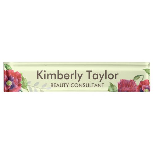 Watercolor Red Poppies Floral Illustration Office Desk Name Plate