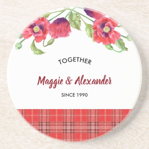 Watercolor Red Poppies Floral Tartan Pattern Coaster